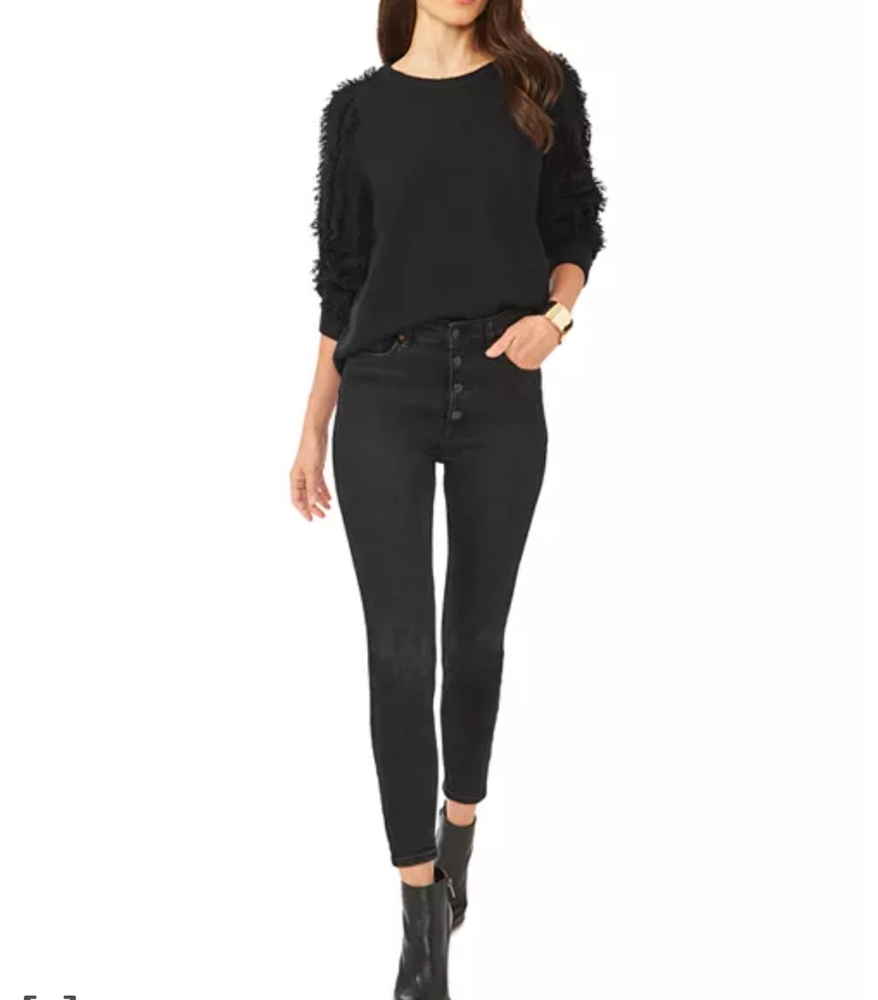 1.STATE Crew Neck Fringe Sleeve Tunic Sweater In Rich Black NWT - Picture 3 of 9